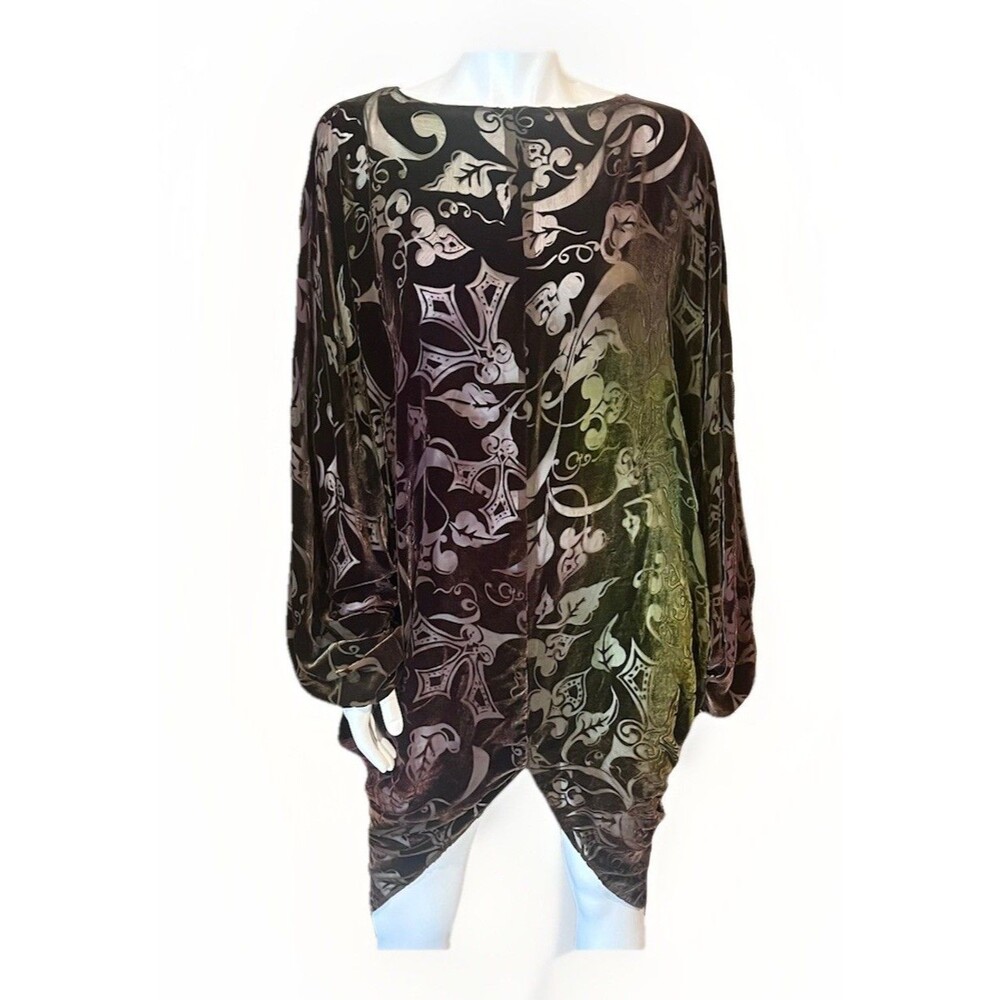 Patricia Lester Velvet Burnout Brown Olive Ombré  Drape Sleeve Dress Size Small